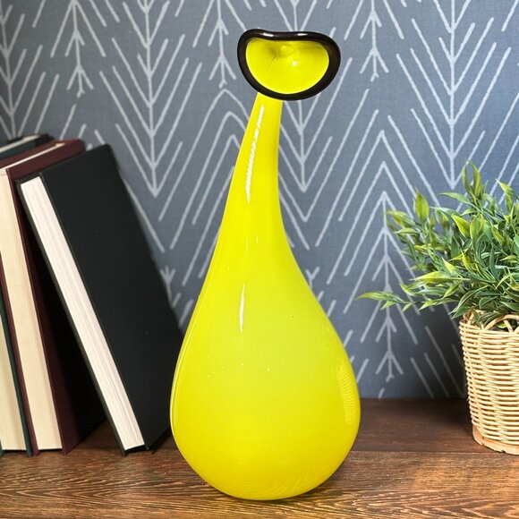 Vintage Yellow Glass Vase Hand-Blown Art Glass Sculpture Unique Home Gift - Picture 1 of 16